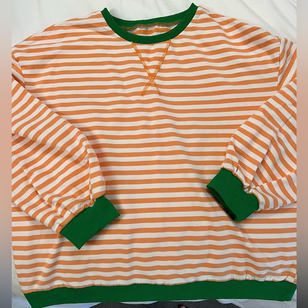 Orange and Green Striped Women's Sweatshirt - Halloween! Oversized Large - Picture 2 of 3